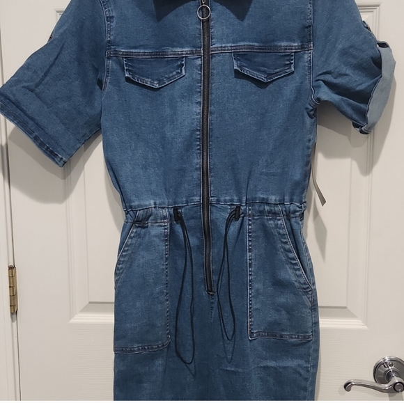 American Bazi cinched waist zip up medium wash denim jumpsuit size M - Picture 3 of 9